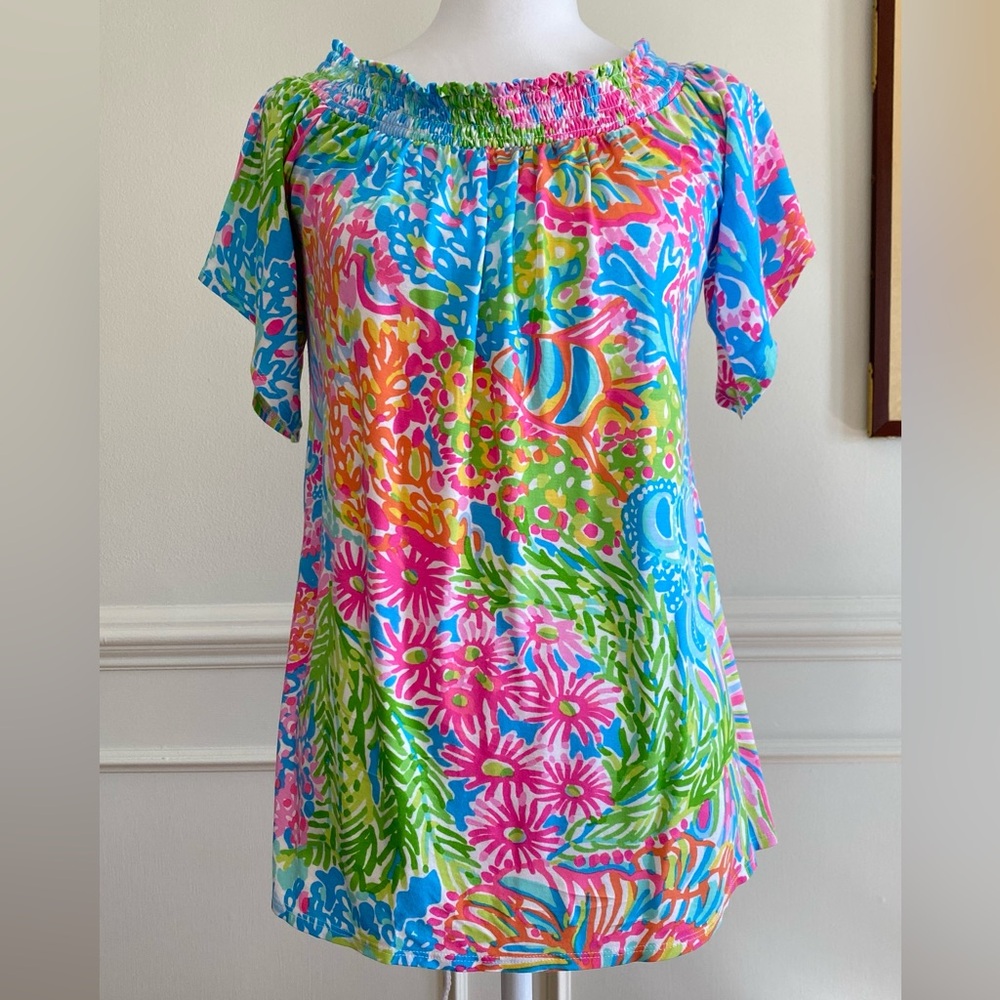 Lilly Pulitzer Almeria Blouse Top Small “More Lovers Coral” smocked pink blue